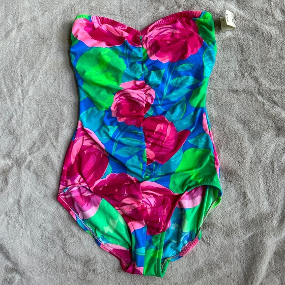 Vintage Swim Vintage Deadstock 8s Pink Green Floral Strapless One